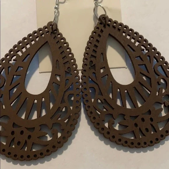 Brown Carved Hollow Wood Water Drop Earrings - Picture 4 of 5